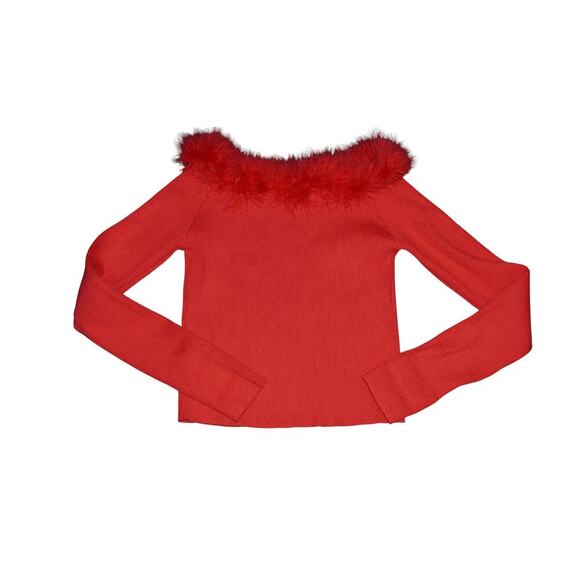 Paprika Red Feather Trim Off-Shoulder Sweater Top – Size L (Y2K Bardot) - Picture 11 of 11